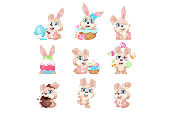 Cute Easter Bunnies Kawaii Cartoon Graphics