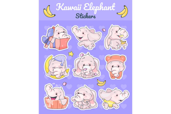Cute Elephants Kawaii Cartoon Characters Graphics