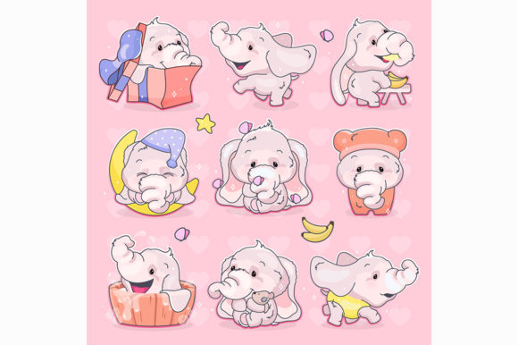 Cute Elephants Kawaii Cartoon Vector Set Graphics