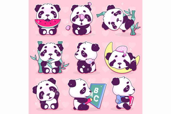 Cute Panda Kawaii Cartoon Characters Set Graphics