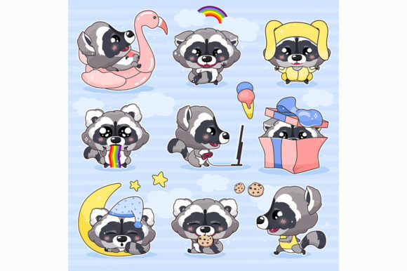 Cute Raccoon Kawaii Cartoon Characters