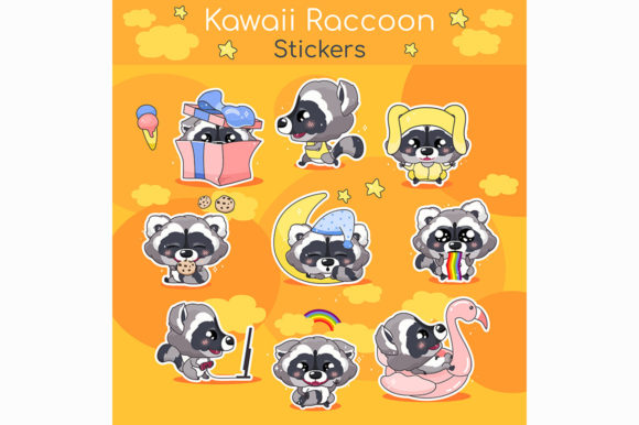 Cute Raccoon Kawaii Cartoon Vector Set