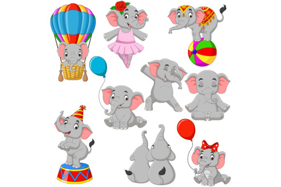 Set of Nine Cartoon Elephant Graphics for Crafting